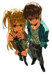 1boy 1girl absurdres amane_misa black_dress black_shoes blonde_hair blue_jacket brown_hair closed_mouth collarbone death_note dress fingernails flat_chest from_above full_body grey_pants hair_between_eyes hands_in_pockets highres jacket long_hair looking_at_viewer open_clothes open_jacket pants red_eyes red_nails shadow shirt shoes short_hair simple_background two_side_up white_background white_shirt xi_luo_an_ya yagami_light