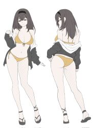 1girl alternate_costume arknights bare_shoulders bikini black_hair black_hairband black_jacket breasts cleavage closed_mouth collarbone commentary dr.deims_(dim5s) from_behind front-tie_bikini_top front-tie_top full_body hairband half-closed_eyes highres jacket large_breasts light_smile long_hair looking_back multiple_views navel off_shoulder open_clothes open_jacket priestess_(arknights) side-tie_bikini_bottom simple_background sketch standing stomach swimsuit white_background yellow_bikini
