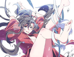 1boy ahoge air_bubble alternate_costume arms_up bare_legs barefoot bishounen black_hair bound bound_legs bubble chinese_clothes dated feet floating_hair foot_focus grey_eyes hanfu implied_yaoi kimako_(kimako_8) long_hair looking_at_viewer male_focus modao_zushi open_mouth pectoral_cleavage pectorals ponytail ribbon ribbon_bondage robe simple_background smile soles solo toes twitter_username underwater very_long_hair water watermark wei_wuxian white_background white_hanfu wide_sleeves