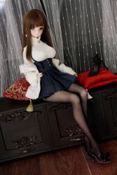 Rule 34 | breasts, brown hair, doll, dress, green eyes, high heels, highres, large breasts, pantyhose, skirt, tagme