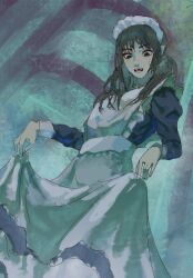 1girl absurdres alternate_costume apron apron_lift black_dress chainsaw_man cheshire_nek clothes_lift commentary_request dress enmaided highres long_hair maid maid_apron maid_headdress mitaka_asa open_mouth solo sweatdrop white_apron