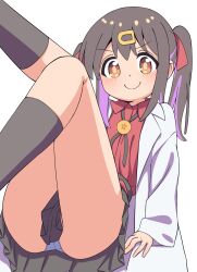 1girl black_hair black_skirt black_socks bolo_tie brown_eyes c: coat commentary feet_out_of_frame godyuurei hair_ornament hairclip highres kneehighs lab_coat legs_up long_hair long_sleeves looking_at_viewer multicolored_hair onii-chan_wa_oshimai! open_clothes open_coat oyama_mihari panties pantyshot pleated_skirt purple_hair red_shirt shirt simple_background skirt smile socks solo streaked_hair twintails two-tone_hair underwear white_background white_panties wing_collar