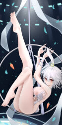 1girl absurdres aichinaigai animal_ears azur_lane barefoot fake_animal_ears feet highres leotard light_blush looking_at_viewer medium_hair pole_dancing rabbit_ears red_eyes sirius_(azur_lane) smile soles toes white_hair