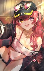 1girl absurdres arrow_through_heart baseball_cap bikini bikini_under_clothes black_headwear black_jacket breasts cleavage earrings eyewear_on_head gold_earrings gold_necklace hat heart heart-shaped_eyewear heart_earrings heart_necklace heterochromia highres hololive houshou_marine houshou_marine_(summer) jacket jewelry large_breasts long_sleeves looking_at_viewer navel necklace o-ring o-ring_thigh_strap official_alternate_costume open_mouth red_bikini red_eyes red_hair red_jacket sasai_tuki smile sunglasses swimsuit thigh_strap twintails two-sided_fabric two-sided_jacket virtual_youtuber yellow_eyes