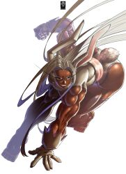 1girl 737_kin absurdres animal_ears bare_shoulders boku_no_hero_academia clothing_cutout dark-skinned_female dark_skin dynamic_pose floating_hair fur_collar gloves grin highleg highleg_leotard highres jumping leotard logo long_eyelashes long_hair looking_at_viewer midair mirko muscular muscular_female parted_bangs purple_thighhighs rabbit_ears rabbit_girl rabbit_tail red_eyes signature simple_background sleeveless_turtleneck_leotard smile solo tail tail_through_clothes taut_leotard thick_thighs thighhighs thighs very_long_hair white_gloves white_hair white_leotard
