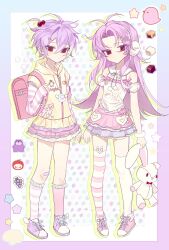 2boys absurdres alternate_costume animal_ear_legwear antenna_hair asymmetrical_legwear backpack bag bandaid bandaid_on_knee bandaid_on_leg bow camisole chinese_commentary closed_mouth commentary_request crossdressing curtained_hair earmuffs english_text engrish_text expressionless eyes_visible_through_hair full_body hair_between_eyes hair_bobbles hair_ornament hatsutori_hajime heart heart_hair_ornament highres holding holding_stuffed_toy hood hood_down hooded_jacket jacket layered_skirt layered_sleeves long_hair long_sleeves male_focus miniskirt mismatched_legwear multicolored_skirt multiple_boys nenene_(lofter_1364008971) parted_bangs pink_ribbon pink_socks pom_pom_(clothes) purple_hair purple_shoes rabbit_ear_legwear randoseru ranguage red_bag red_eyes ribbon saibou_shinkyoku shoes short-sleeved_jacket short_hair short_over_long_sleeves short_sleeves skirt sleeves_past_wrists sneakers socks star_(symbol) stuffed_animal stuffed_rabbit stuffed_toy tamagotchi tamagotchi_(classic) theodore_riddle thighhighs trap tsurime virtual_pet_(toy) white_camisole white_ribbon white_thighhighs yellow_jacket zipper zipper_pull_tab