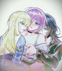 3girls bang_dream! bang_dream!_it&#039;s_mygo!!!!! bite_mark bite_mark_on_shoulder biting_shoulder black_choker black_hair black_jacket blood_on_shoes blue_dress blue_eyes blush choker clothes_pull commentary dress fang girl_sandwich gradient_background green_hair grey_background grey_shirt highres jacket long_hair long_sleeves multiple_girls off-shoulder_shirt off_shoulder open_mouth pink_eyes plaid_clothes plaid_dress purple_hair sandwiched shirt shirt_pull short_hair sweatdrop symbol-only_commentary wakaba_mutsumi yahata_umiri yellow_eyes youren117 yuri yuutenji_nyamu