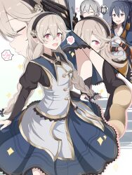 Rule 34 | 1boy, 2girls, :d, absurdres, black hairband, blue hair, braid, brown eyes, comb, dress, female corrin (fire emblem), female corrin (young kinship) (fire emblem), fire emblem, fire emblem fates, grey hair, hair between eyes, hairband, heart, highres, holding, holding comb, jakob (fire emblem), juliet sleeves, long hair, long sleeves, multiple girls, multiple views, musical note, nenemu0, nintendo, oboro (fire emblem), open mouth, pointy ears, puffy sleeves, red eyes, smile, spoken heart, spoken musical note, twin braids, very long hair