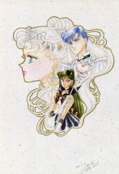 1boy 2girls absurdres artbook bishoujo_senshi_sailor_moon black_skirt blue_eyes blue_gemstone blue_hair bow bowtie brown_bow brown_eyes chiba_mamoru closed_mouth double_bun earrings elbow_gloves endymion_(sailor_moon) from_side gem gloves green_hair hair_bun highres holding holding_staff incredibly_absurdres jewelry lipstick long_hair magical_girl makeup mask meiou_setsuna multiple_girls non-web_source official_alternate_hair_color official_art pale_skin pink_gemstone pink_lips princess_serenity sailor_pluto scan short_hair signature skirt smile split_mouth staff takeuchi_naoko tsukino_usagi very_long_hair very_short_hair wavy_hair white_bow white_bowtie white_gemstone white_gloves white_hair