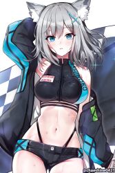 Rule 34 | 1girl, alternate costume, animal ear fluff, animal ears, arm behind head, arm up, artist name, black jacket, black shorts, blue archive, blue eyes, blush, breasts, character name, commentary, cowboy shot, cross, cross hair ornament, flag, grey hair, hair ornament, halterneck, highleg, highleg panties, highres, holding, holding flag, inverted cross, jacket, kogasaka, medium breasts, medium hair, micro shorts, midriff, mismatched pupils, navel, open clothes, open jacket, open mouth, panties, race queen, shiroko (blue archive), shorts, simple background, single off shoulder, solo, sparkle, sparkling aura, stomach, underwear, white background, wolf ears, wolf girl