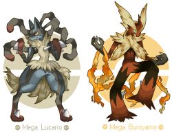 black_hair blaziken claws closed_mouth colored_sclera creatures_(company) fire game_freak gen_3_pokemon gen_4_pokemon green_eyes highres kanna_(kan419_k) lucario mega_blaziken mega_lucario mega_pokemon multicolored_hair nintendo pokemon pokemon_(creature) red_eyes red_hair smile spikes two-tone_hair yellow_sclera