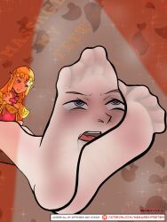 1girl absurdres domination dominatrix feet feet_above_head feet_out_of_frame feet_together femdom foot_focus foot_worship gts highres princess_zelda smell smelling smelling_feet smelly. socks soles sweat sweatdrop transformation
