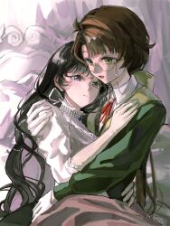 2girls :d absurdres black_hair bow brown_hair collared_shirt couple dress eyewear_strap glasses gloves green_eyes green_jacket hair_bow hand_on_another&#039;s_shoulder highres hug indoors isolde_(reverse:1999) jacket juliet_sleeves kakania_(reverse:1999) long_hair long_sleeves looking_at_another low_ponytail multiple_girls neck_ribbon on_bed open_mouth parted_lips ponytail puffy_sleeves purple_eyes red_ribbon reverse:1999 ribbon round_eyewear shirt smile upper_body very_long_hair white_dress white_gloves white_shirt wowowoo yellow_bow yellow_gloves yuri