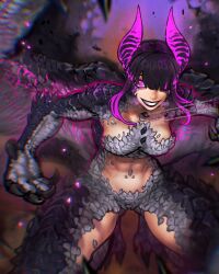 ayaki_blade claws crossover gore_magala grin hair_over_one_eye han_juri highres impossible_hair jumping logo monster_hunter_(series) parody scales smile street_fighter wings