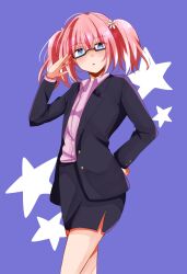 1girl alternate_costume black-framed_eyewear black_jacket black_skirt collared_shirt cowboy_shot dress_shirt flower glasses gradient_hair hair_flower hair_ornament hand_on_own_hip highres hiiragi_nana jacket long_sleeves looking_at_viewer miniskirt multicolored_hair munou_na_nana open_clothes open_jacket pencil_skirt pink_hair pink_shirt purple_background rectangular_eyewear shirt side_slit skirt solo standing star_(symbol) star_symbol_background twintails white_flower white_hair wing_collar yukisa