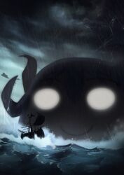character_doll commentary_request dark floating_hair glowing glowing_eyes korean_commentary lightning love_live! love_live!_school_idol_project nesoberi no_humans oversized_object redame ship smile sonoda_umi storm watercraft waves