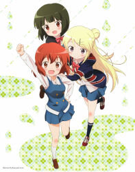3girls :d absurdres arm_up artist_name blonde_hair blue_hoodie blue_skirt blue_socks brown_eyes brown_hair brown_shoes clenched_hand collared_shirt fang from_above full_body green_hair hair_bun hair_ornament hairclip highres hood hood_down hoodie inokuma_youko kin-iro_mosaic kujou_karen loafers long_hair long_sleeves miniskirt moegi_high_school_uniform multiple_girls non-web_source official_art oomiya_shinobu open_clothes open_hoodie open_mouth pleated_skirt red_shoes running scan school_uniform shirt shoes short_hair single_hair_bun skirt smile socks ueda_kazuyuki white_shirt white_socks winter_uniform x_hair_ornament