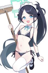 aris_(blue_archive) bikini black_hair black_shoes blue_archive flat_chest green_halo halo highres holding io9 loli looking_at_viewer maid maid_bikini maid_headdress open_mouth ponytail shoes simple_background smile solo standing standing_on_one_leg swimsuit teeth thighhighs unconventional_maid upper_teeth_only white_background white_thighhighs