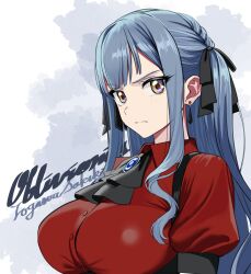 1girl alternate_breast_size ascot ave_mujica_(bang_dream!) bang_dream! bang_dream!_it&#039;s_mygo!!!!! black_ascot black_ribbon blue_hair blush breasts character_name collared_shirt ear_piercing embarrassed large_breasts long_hair looking_at_viewer piercing red_shirt ribbon shirt solo sozan togawa_sakiko upper_body very_long_hair wavy_mouth yellow_eyes
