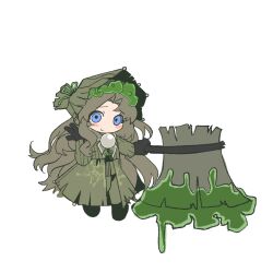 1girl axe black_gloves blue_eyes blush_stickers bonnet brown_bonnet brown_coat brown_hair chibi coat e.g.o_(project_moon) effervescent_corrosion_(e.g.o) full_body gem gloves green_ribbon highres holding holding_axe limbus_company long_hair looking_at_viewer ntcke parted_bangs pearl_(gemstone) project_moon ribbon rodion_(project_moon) simple_background slime_(substance) smile solo standing white_background