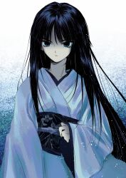 Rule 34 | 1girl, absurdres, alternate costume, black hair, blue background, blue eyes, closed mouth, commentary request, cowboy shot, empty eyes, gradient background, highres, japanese clothes, kimono, long hair, long sleeves, looking at viewer, obi, obijime, sash, serious, snowing, solo, tako3000, touma kazusa, white album (series), white album 2, white background, white kimono, wide sleeves, yuki onna
