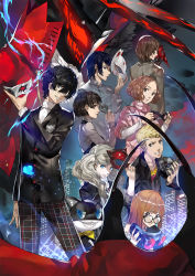 10s 4boys 4girls :d ahoge akechi_gorou amamiya_ren arsene_(persona_5) bad_id bad_pixiv_id black-framed_eyewear black_hair black_jacket black_shirt blonde_hair blouse blue_eyes blue_hair braid brown_hair building cat closed_mouth club3 collared_shirt commentary crown_braid curly_hair fox_mask glint goggles hair_between_eyes head_tilt highres holding jacket kitagawa_yuusuke long_hair long_sleeves looking_at_viewer looking_back mask masquerade_mask morgana_(persona_5) multiple_boys multiple_girls niijima_makoto okumura_haru open_mouth orange_hair pants persona persona_5 pink_sweater red_eyes removing_mask ribbed_sweater round_eyewear sakamoto_ryuuji sakura_futaba shirt short_hair skull_mask skyscraper sleeves_rolled_up smile sweater swept_bangs takamaki_anne twintails white_shirt white_sweater yellow_shirt