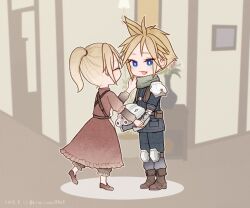 1boy 1girl armor blonde_hair blue_eyes blue_pants blue_shirt bluelimbo8888 boots brown_boots brown_dress brown_shoes chibi chibi_only claudia_strife closed_eyes cloud_strife dress final_fantasy final_fantasy_vii final_fantasy_vii_remake full_body hair_tie helmet holding holding_hands holding_unworn_helmet indoors knee_pads long_hair mother_and_son open_mouth pants pauldrons ponytail shinra_infantry_uniform shirt shoes short_hair shoulder_armor smile spiked_hair suspenders unworn_headwear unworn_helmet