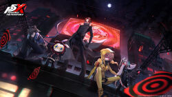2boys 2girls animal arai_motoha artist_request bird black_hat black_jacket black_pants blonde_hair blue_eyes blue_jacket calling_card colored_sclera copyright_name domino_mask hat highres hood hood_up jacket japanese_clothes kamishiro_nagisa kanou_shun long_sleeves looking_at_viewer lufel_(p5x) mask masked multiple_boys multiple_girls official_art owl pants persona persona_5 persona_5:_the_phantom_x red_eyes red_hair red_mask short_hair sitting tanemura_riko third-party_source white_mask yellow_sclera