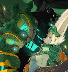 1girl animal_ears black_skin blue_eyes breasts collar colored_skin dual_persona earrings fujitwo furry furry_female hagoromo highres jewelry long_neck looking_at_viewer mineru_(zelda) necklace nintendo profile shawl small_breasts the_legend_of_zelda the_legend_of_zelda:_breath_of_the_wild third_eye very_long_ears white_hair zonai