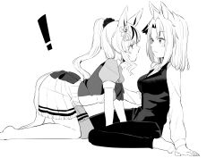 ! 2girls absurdres all_fours animal_ears barefoot bow bowtie breasts female_trainer_(umamusume) greyscale highres horse_ears horse_girl leaning_forward long_sleeves looking_at_another medium_breasts medium_hair monochrome multiple_girls original ponytail school_uniform short_sleeves sitting skirt socks tracen_school_uniform trainer_(umamusume) umamusume wariza yu&#039;nyanko-chan_(yu&#039;nyanko) yunekoko