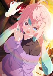 1girl 1other :d absurdres ahoge animal_ears black_shirt blue_eyes blue_hair blurry blurry_background blush collared_shirt commission fang flower hair_flower hair_ornament hand_up heterochromia highres long_hair long_sleeves looking_at_viewer multicolored_hair off-shoulder_sweater off_shoulder open_mouth original pink_eyes pink_hair purple_sweater rabbit_ears shiro9jira shirt shorts skeb_commission skin_fang smile streaked_hair sweater trap two-tone_hair virtual_youtuber