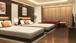 bed bedroom couch curtains desk_lamp drawer highres hotel_room indoors lamp no_humans non-web_source official_art our_life:_beginnings_and_always photo_(object) pillow rug scenery shelf table television variant_set wooden_desk wooden_floor