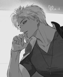 1boy dated greyscale heart highres jacket jewelry jiangyiting17 looking_at_viewer love_and_deepspace male_focus monochrome necklace parted_lips profile shirt short_hair solo sylus_(love_and_deepspace) upper_body