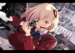 1girl aiming aiming_at_viewer blue_ribbon blurry blurry_background bob_cut closed_mouth commentary debris dust dutch_angle edoya_inuhachi gun hair_ribbon highres holding holding_gun holding_weapon letterboxed lycoris_recoil lycoris_uniform medium_hair motion_lines neck_ribbon nishikigi_chisato outdoors pink_hair red_eyes red_ribbon red_shirt ribbon shirt solo stairs upper_body weapon