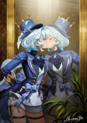 1girl artist_name ascot asymmetrical_gloves blue_ascot blue_brooch blue_gemstone blue_hair blue_jacket commentary cowlick eyelash_ornament furina_(genshin_impact) gem genshin_impact gloves grey_hair hands_on_own_hips hat highres jacket kiss long_hair mirror mismatched_gloves multicolored_hair nomae.jie ouji_fashion reflection selfcest short_shorts shorts streaked_hair top_hat wavy_hair white_shorts