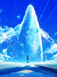 1girl absurdres bird black_hair black_skirt blue_sky canal commentary_request day fish highres long_hair makoron117117 manta_ray original outdoors outstretched_arms scenery shirt skirt sky solo water whale white_shirt