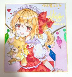 1girl :d ascot blonde_hair blush bow collared_shirt fang flandre_scarlet frilled_shirt_collar frilled_skirt frills hair_bow hat heart highres holding holding_stuffed_toy long_hair looking_at_viewer mob_cap open_mouth puffy_short_sleeves puffy_sleeves red_bow red_eyes red_skirt red_vest ribbon-trimmed_collar ribbon_trim rikatan shikishi shirt short_sleeves skirt smile solo stuffed_animal stuffed_toy teddy_bear touhou traditional_media upper_body vest white_bow white_shirt wings wrist_cuffs yellow_ascot