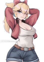 1girl alternate_costume arms_behind_head belt blonde_hair blue_eyes bow breasts cleavage denim denim_shorts earrings hair_bow highres jacket jewelry large_breasts long_hair looking_at_viewer mario_(series) mario_kart mario_kart_world mourderousx nintendo official_alternate_costume one_eye_closed open_clothes open_jacket pink_bow pink_jacket ponytail princess_peach princess_peach_(touring) shirt short_shorts shorts smile solo sphere_earrings wink