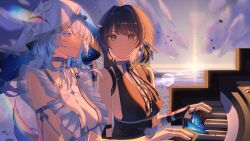 2girls absurdres armlet bandaged_hand bandages bare_shoulders black_dress black_gloves black_hair blue_butterfly blue_hair blue_veil breasts bug butterfly closed_mouth colored_eyelashes colored_inner_hair commentary_request cross-laced_clothes cross-laced_dress dress earrings female_rover_(wuthering_waves) gloves hair_ribbon highres insect instrument jewelry large_breasts long_hair looking_at_another multicolored_hair multiple_girls na_(ildr_usss60) outdoors partially_fingerless_gloves piano purple_eyes ribbon rover_(wuthering_waves) shorekeeper_(wuthering_waves) sleeveless sleeveless_dress smile triangle_earrings two-tone_veil veil white_dress white_hair white_veil wuthering_waves yellow_eyes yellow_ribbon
