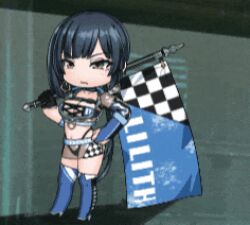 1girl animated animated_gif artist_request bob_cut bouncing_breasts breasts chibi curvy floating_arms floating_hair high_heels highres large_breasts lilith-soft lips medium_breasts miniskirt navel official_art race_queen ryuuzen_tomoko see-through_clothes see-through_skirt shaded_face shiny_skin short_hair skirt solo taimanin_(series) taimanin_rpgx thong wide_hips