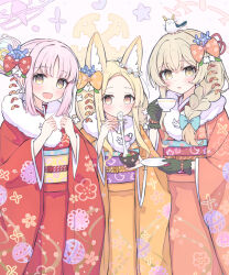 3girls animal_ear_fluff animal_ears black_gloves blonde_hair blue_archive blush braid commentary english_commentary food fox_ears fur-trimmed_kimono fur_trim gloves halo highres japanese_clothes kimono light_brown_hair long_hair long_sleeves mika_(blue_archive) mochi multiple_girls nagisa_(blue_archive) obi open_mouth orange_kimono parted_lips pink_hair pink_halo red_kimono sash sateto_(user_knrf2332) seia_(blue_archive) simple_background single_braid smile tea_party_(blue_archive) white_background wide_sleeves yellow_eyes yellow_halo yellow_kimono