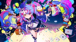 1girl anniversary blue_hair card commentary dress english_commentary english_text eye_mask fur-trimmed_dress fur_trim heterochromia highres jewelry key_hair_ornament kuroduki looking_at_viewer mask mask_on_head multicolored_hair multiple_rings official_art outstretched_arm parted_lips pero_(wuthering_waves) pink_eyes pink_hair playing_card purple_shrug ring roccia_(wuthering_waves) solo symbol-shaped_pupils tacet_discord_(wuthering_waves) tacet_mark_(wuthering_waves) twintails two-tone_hair white_dress wuthering_waves x-shaped_pupils yellow_eyes