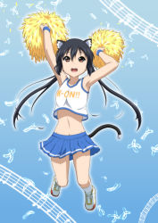 1girl animal_ears armpits black_hair brown_eyes cat_ears cat_tail cheerleader crop_top highres jumping k-on! long_hair midriff musical_note nakano_azusa oku_no_shi pleated_skirt pom_pom_(cheerleading) revision skirt tail very_long_hair wind wind_lift wristband