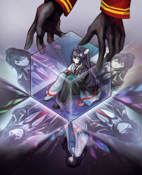 Rule 34 | 1boy, 1other, animal ears, aqua eyes, black hair, cat boy, cat ears, cat tail, chinese clothes, closed mouth, coat, collared shirt, cube, dante (limbus company), different reflection, flaw eight, gold trim, half updo, hanfu, highres, hong lu (project moon), limbus company, long hair, long sleeves, necktie, project moon, red coat, red necktie, red ribbon, reflection, ribbon, shirt, sitting, smile, tail, very long hair, white hanfu, white shirt