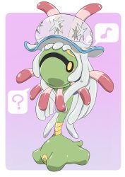 ? animal_focus blush border cradily gen_3_pokemon gen_7_pokemon gradient_background happy kazamidoririnn light_blush musical_note nihilego nintendo no_humans on_head outside_border pokemon pokemon_(creature) pokemon_on_head purple_background simple_background speech_bubble spoken_musical_note spoken_question_mark tentacles ultra_beast white_border yellow_eyes