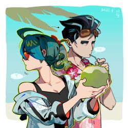 1boy 1girl black_hair black_shirt coconut drink e123oo green_hair highres jacket larry_(pokemon) larry_(special_costume)_(pokemon) multicolored_hair nintendo open_clothes open_jacket pink_shirt pokemon pokemon_masters_ex pokemon_swsh rika_(pokemon) shirt sleeveless sleeveless_shirt sunglasses two-tone_hair