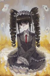 Rule 34 | 1girl, absurdres, black hair, blazer, card, celestia ludenberg, collared shirt, commentary, danganronpa: trigger happy havoc, danganronpa (series), drill hair, floating card, formal clothes, highres, jacket, kneeling, kornod, long hair, necktie, playing card, red necktie, shirt, skirt, skirt suit, solo, suit, twin drills, white shirt