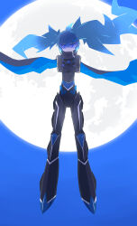 Rule 34 | 1girl, 32zzz, alternate costume, black bodysuit, black cape, black rock shooter, black rock shooter (character), blue cape, blue eyes, blue hair, bodysuit, cape, commentary request, crossed arms, floating, full moon, highres, long hair, moon, night, night sky, sky, solo, star (symbol), star print, top wo nerae! (series), top wo nerae 2!, twintails, two-sided cape, two-sided fabric, uneven twintails