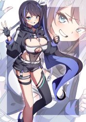 1girl absurdres alyssa_(specktech) belt black_gloves black_shorts black_shrug black_thighhighs blue_eyes blue_hair breasts cleavage commentary commission covered_navel english_commentary fingerless_gloves gloves grin highres large_breasts long_hair long_sleeves looking_at_viewer multicolored_hair original second-party_source shorts shrug_(clothing) side_ponytail single_thighhigh smile solo standing streaked_hair teeth thighhighs to_(tototo_tk) two-tone_hair white_belt