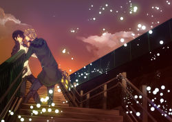00s 2boys amana_raika black_hair blonde_hair cloud dino dino_cavallone dusk eye_contact fur_trim hibari_kyouya jacket katekyo_hitman_reborn! looking_at_another male_focus multiple_boys red_eyes scenery school_uniform sky stairs sunset tonfa weapon